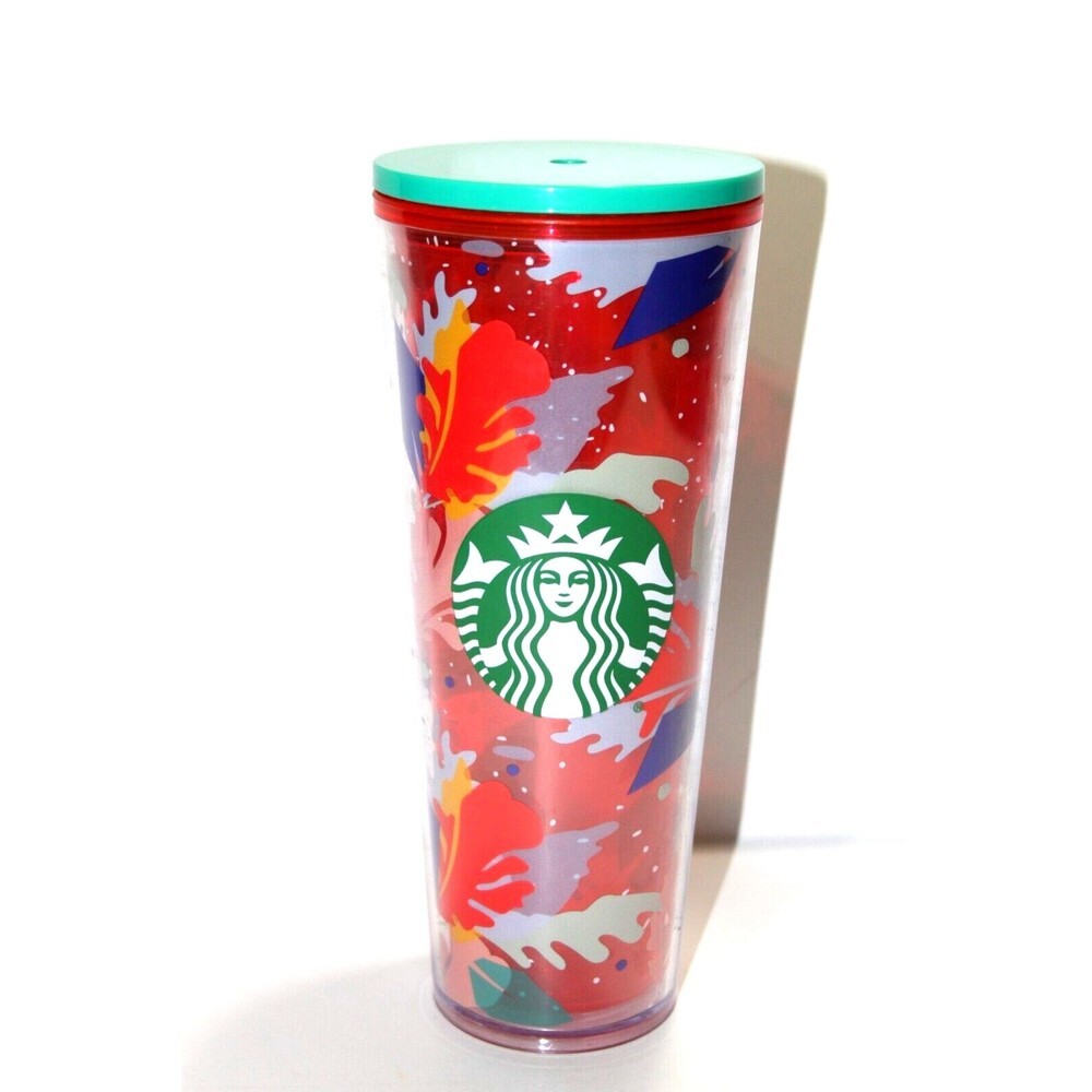 Starbucks Venti Cold Cup Tumbler 24oz Tropical Leaf Multi Color Red Acrylic